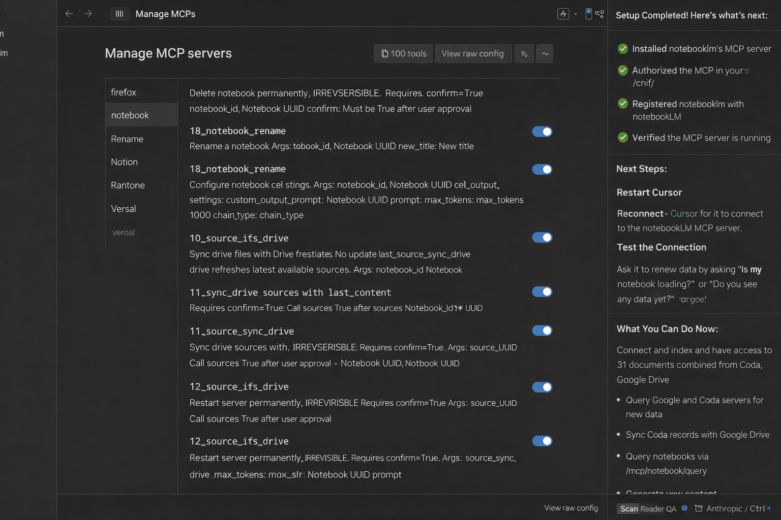 El frame presenta una ventana de software oscuro con el título 'Manage MCP serve